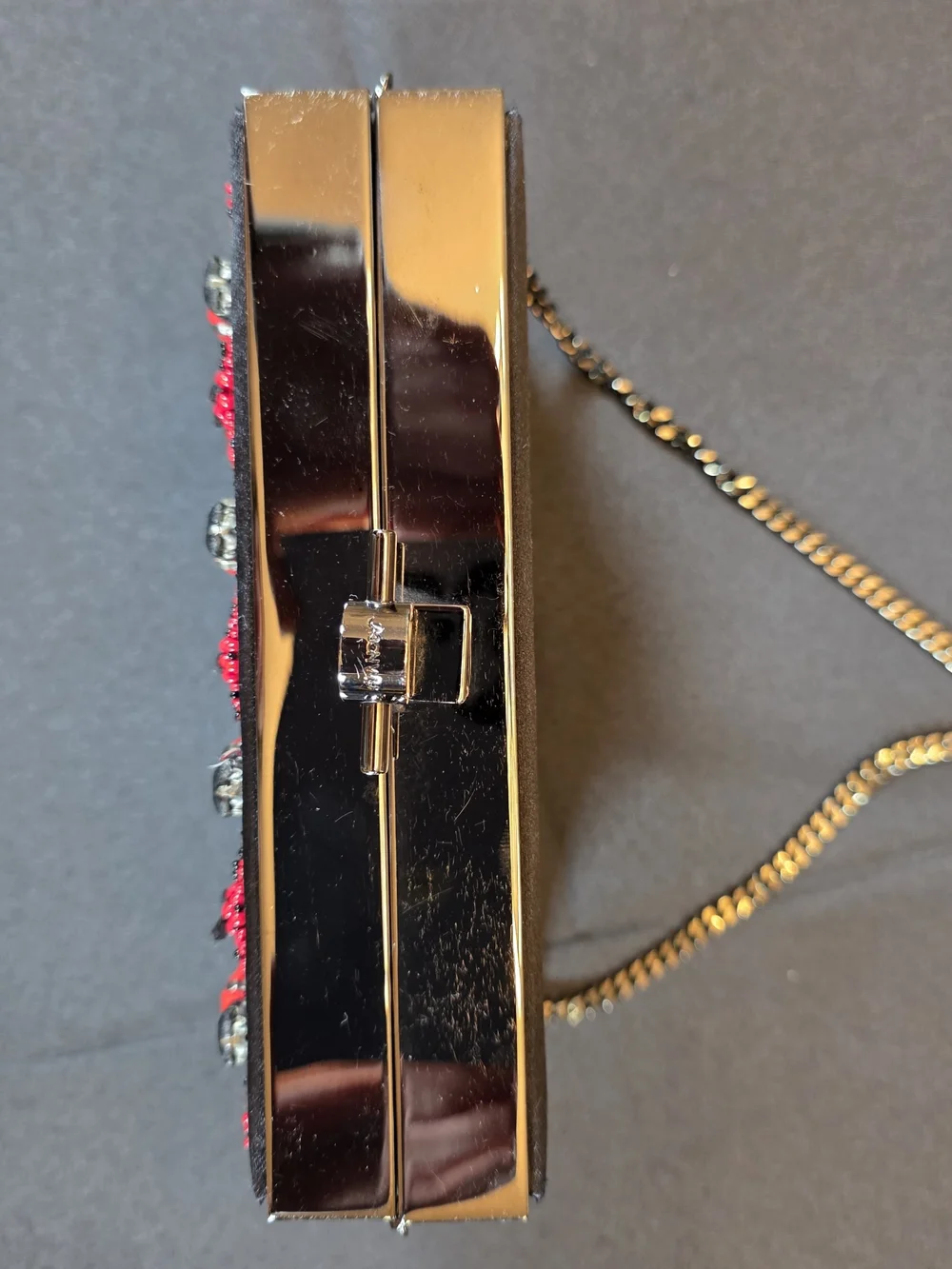 Jason Wu Minaudiere Clutch. Hand Beaded Red Detail with Black Satin.